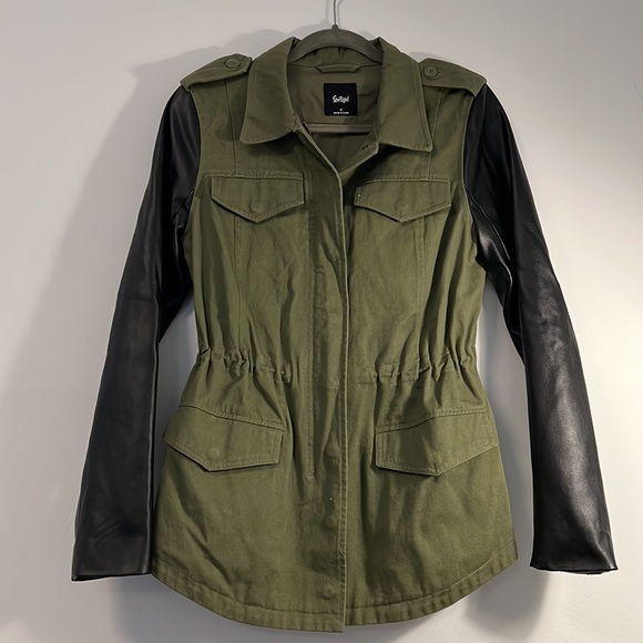 Army Green and pleather sleeve jacket, size S - Picture 2 of 9